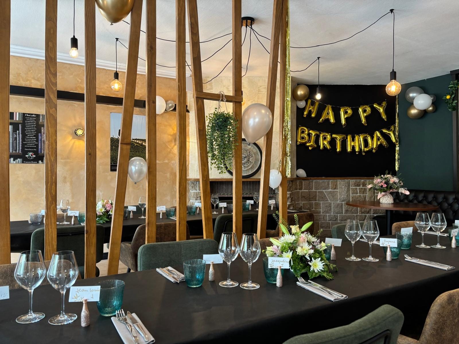 The dining room set, wooden tables and screen
