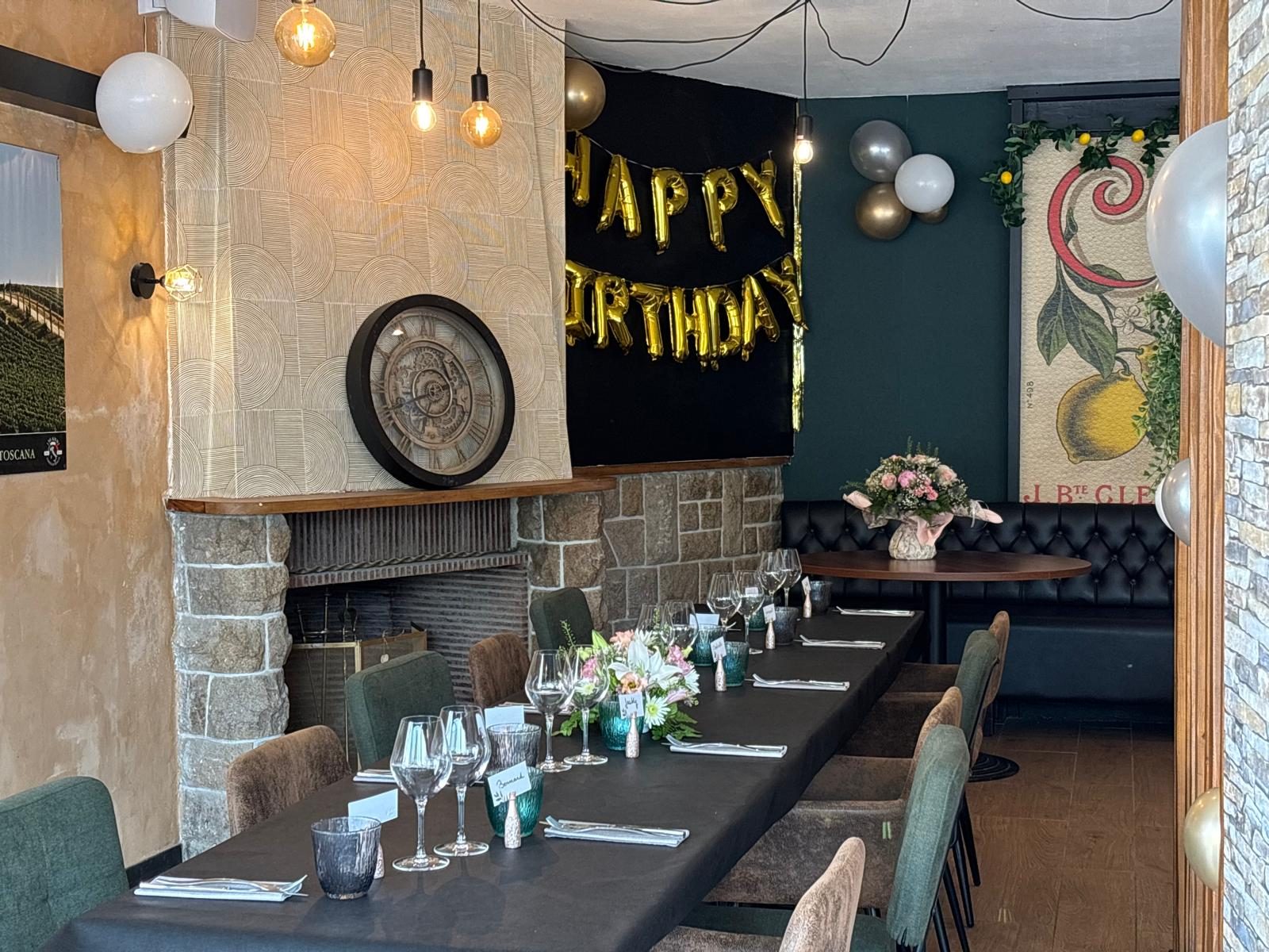 The dining room decorated for a birthday